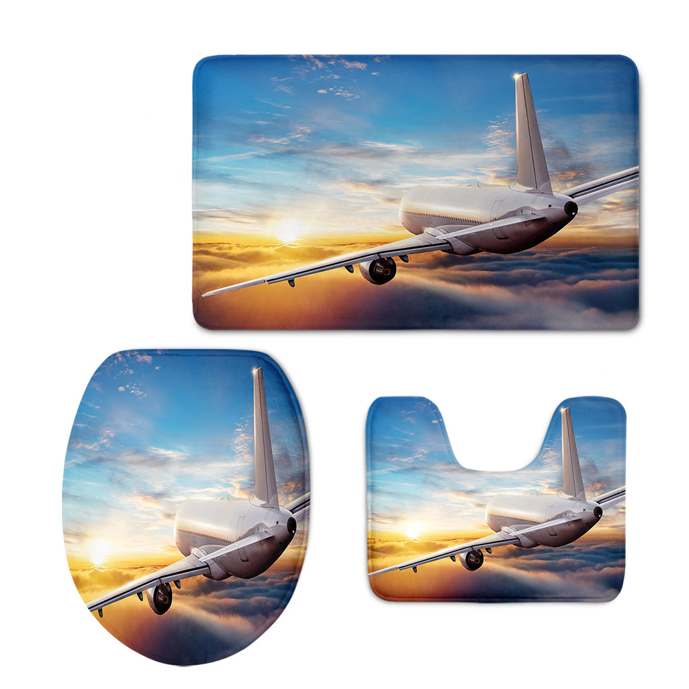 Airliner Jet Cruising over Clouds Designed Toilet Seat Cover Three-piece Set