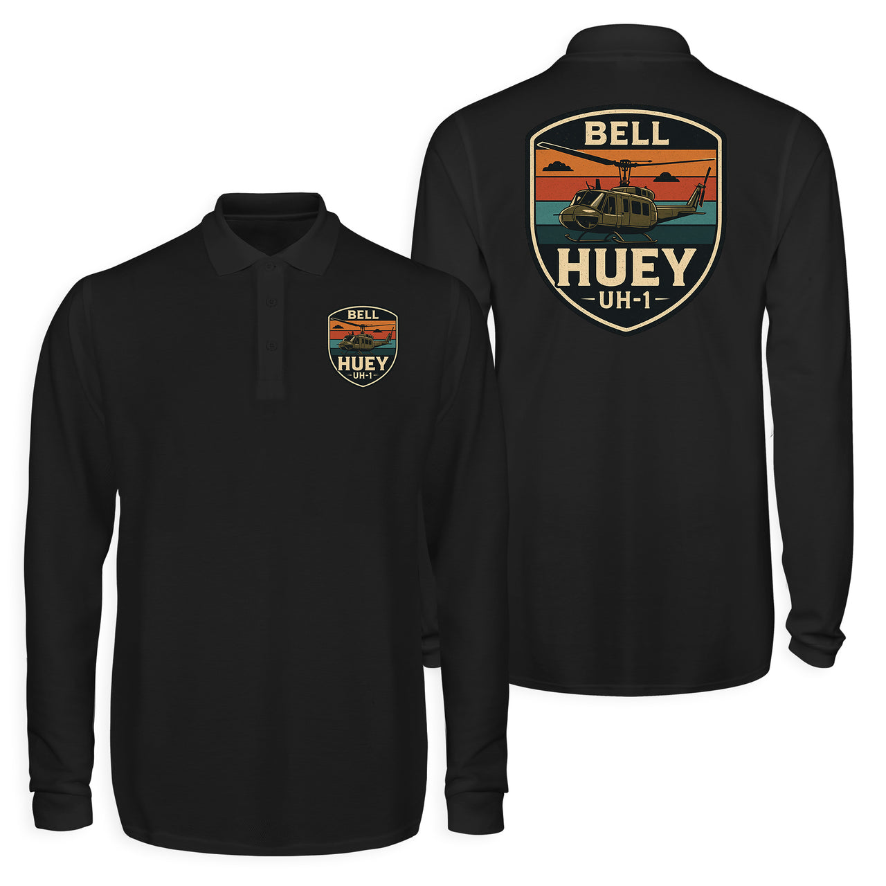 Retro BELL HUEY UH-1 Designed Long Sleeve Polo T-Shirts (Double-Side)