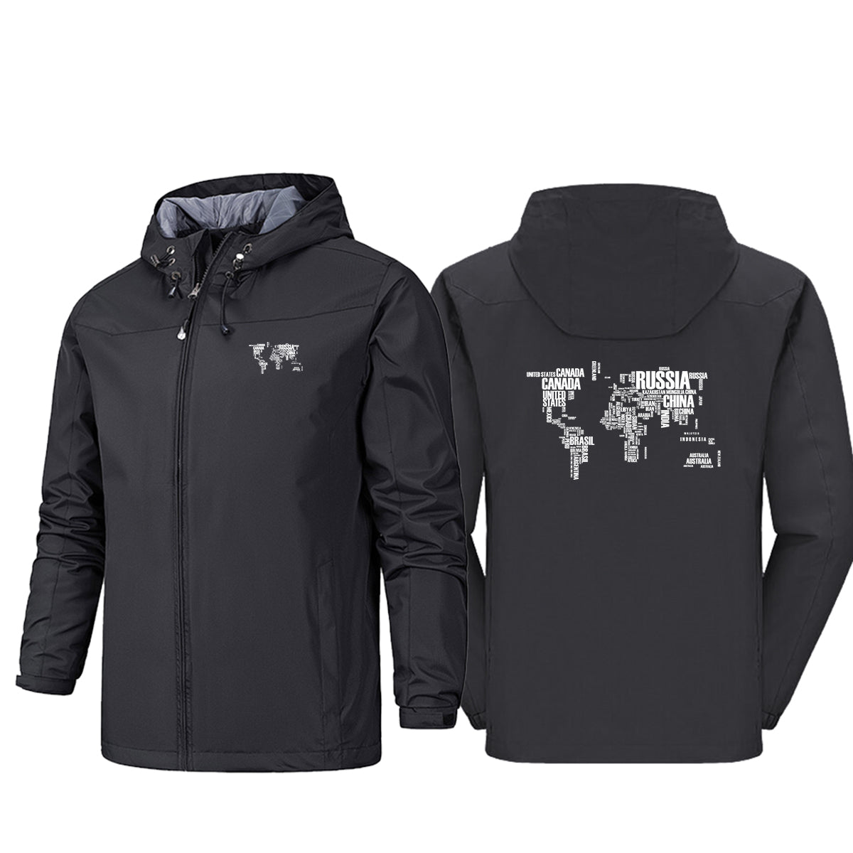 World Map (Text) Designed Rain Jackets & Windbreakers