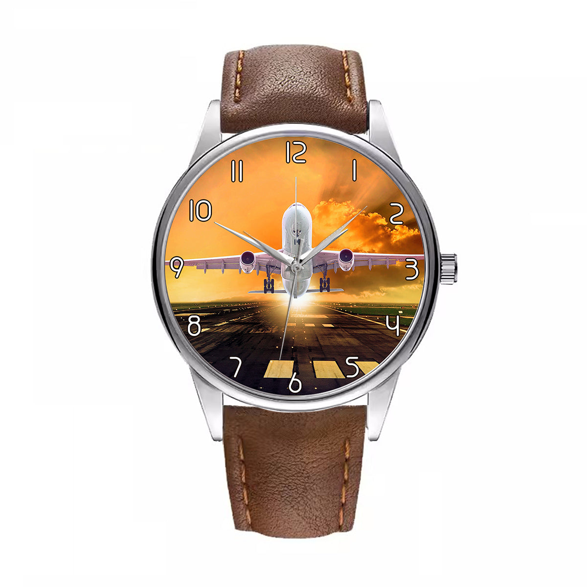 Amazing Departing Aircraft Sunset & Clouds Behind Designed Fashion Leather Strap Watches