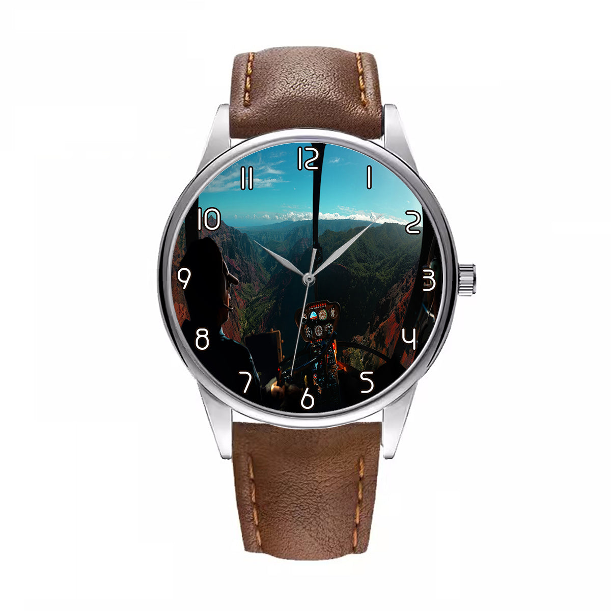 Beautiful Scenary Through Helicopter Cockpit Designed Fashion Leather Strap Watches