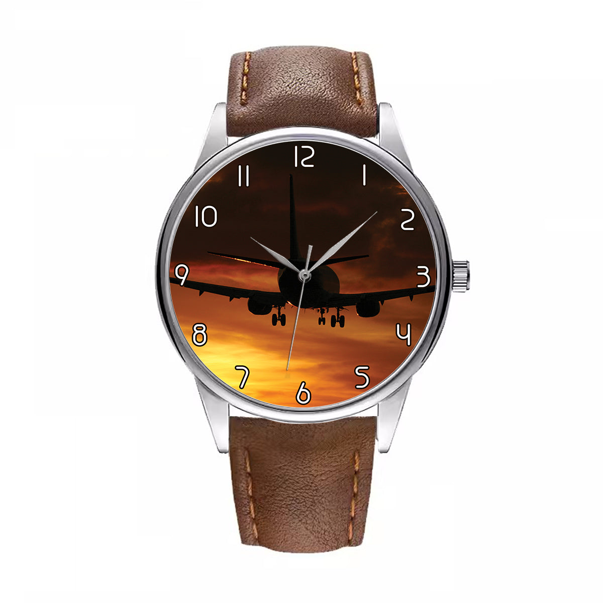 Beautiful Aircraft Landing at Sunset Designed Fashion Leather Strap Watches