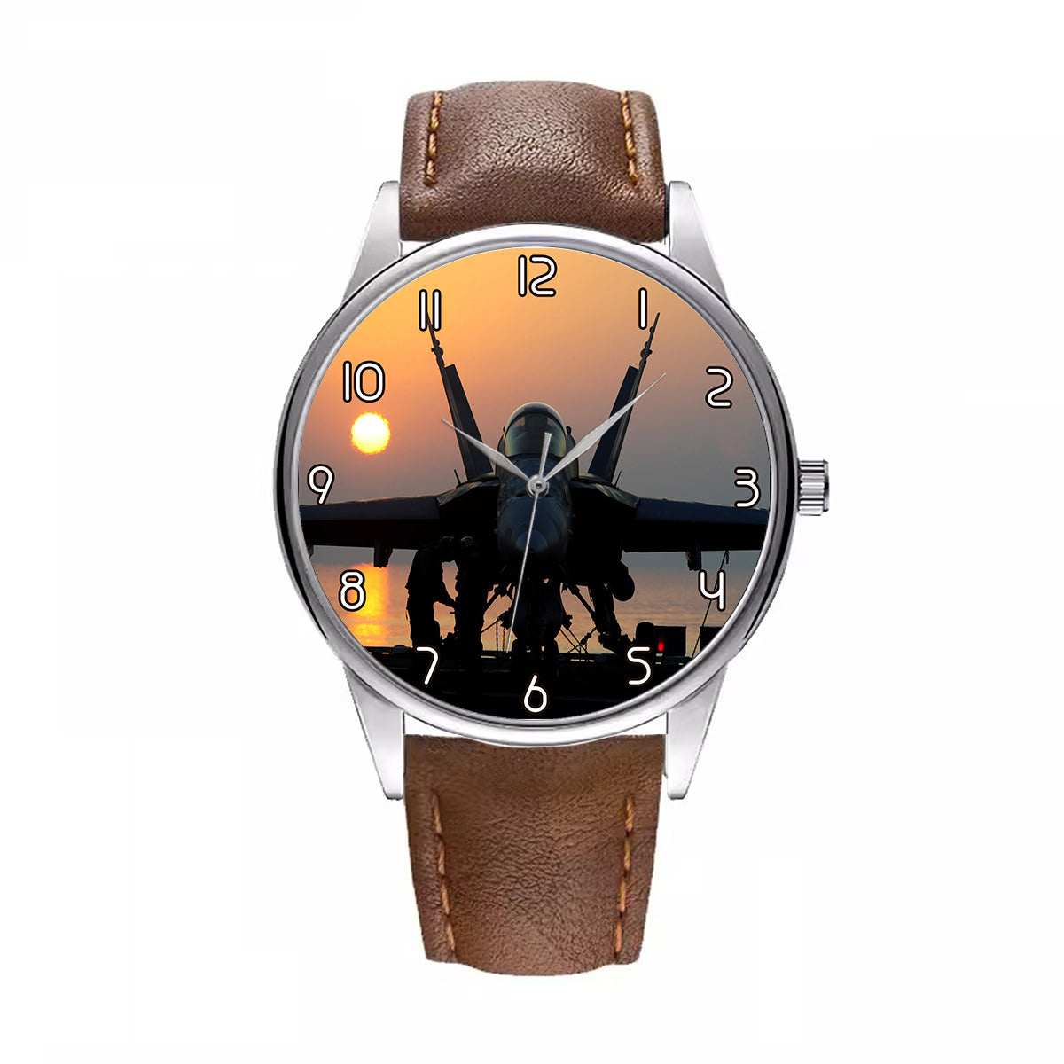 Military Jet During Sunset Designed Fashion Leather Strap Watches