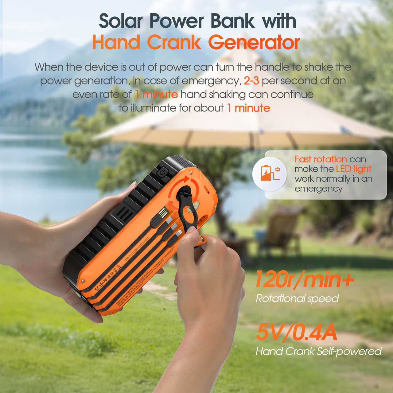 20000mAh Solar Power Bank: 4 Built-in Cables, Hand Crank, 6 Outputs/4 Inputs