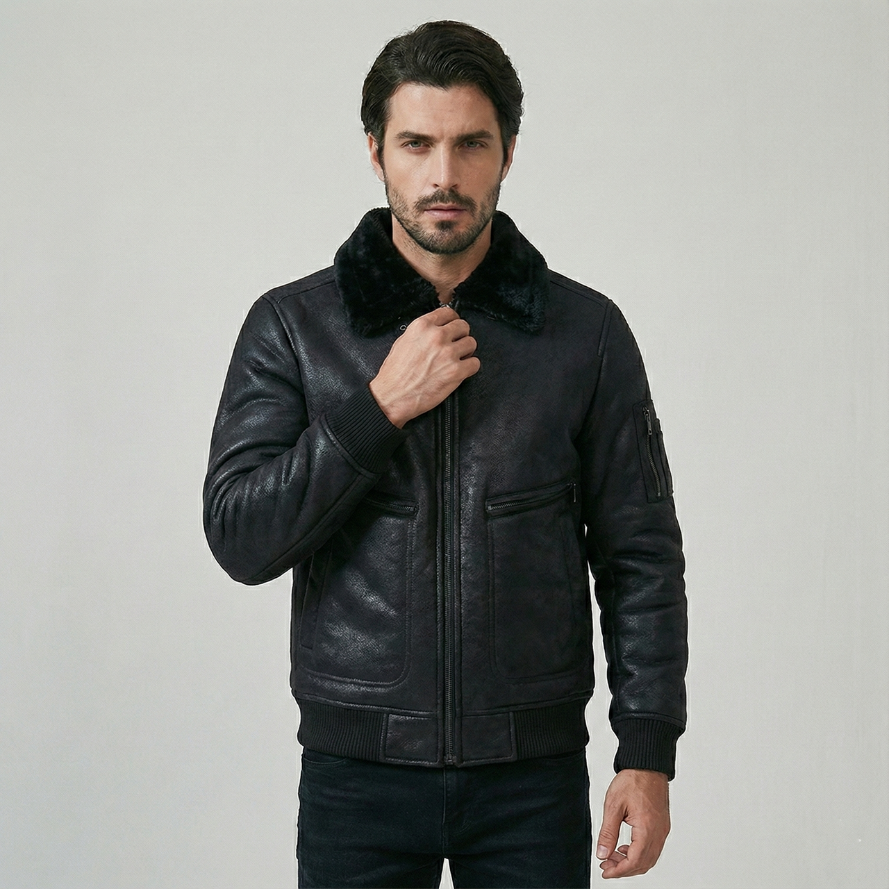 Leather Stylish Cool Pilot Jacket with Fur Jackets