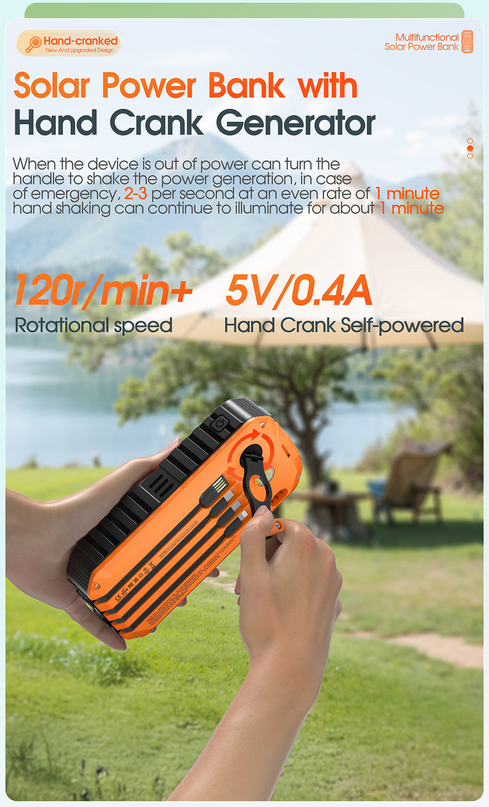 20000mAh Solar Power Bank: 4 Built-in Cables, Hand Crank, 6 Outputs/4 Inputs