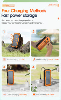Thumbnail for 20000mAh Solar Power Bank: 4 Built-in Cables, Hand Crank, 6 Outputs/4 Inputs