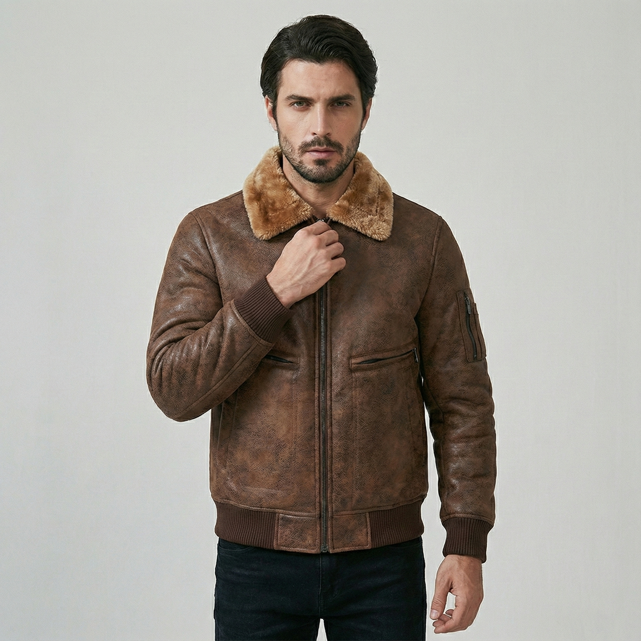 Leather Stylish Cool Pilot Jacket with Fur Jackets