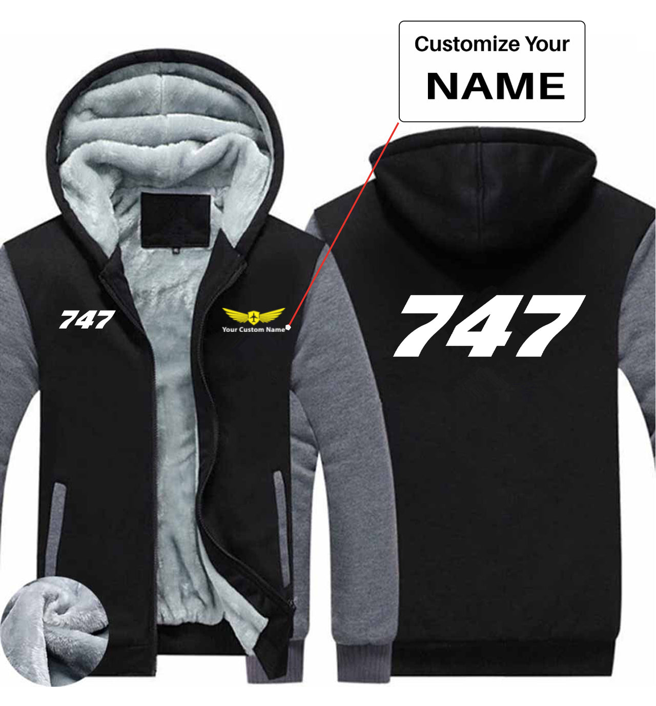 747 Flat Text Designed Zipped Sweatshirts