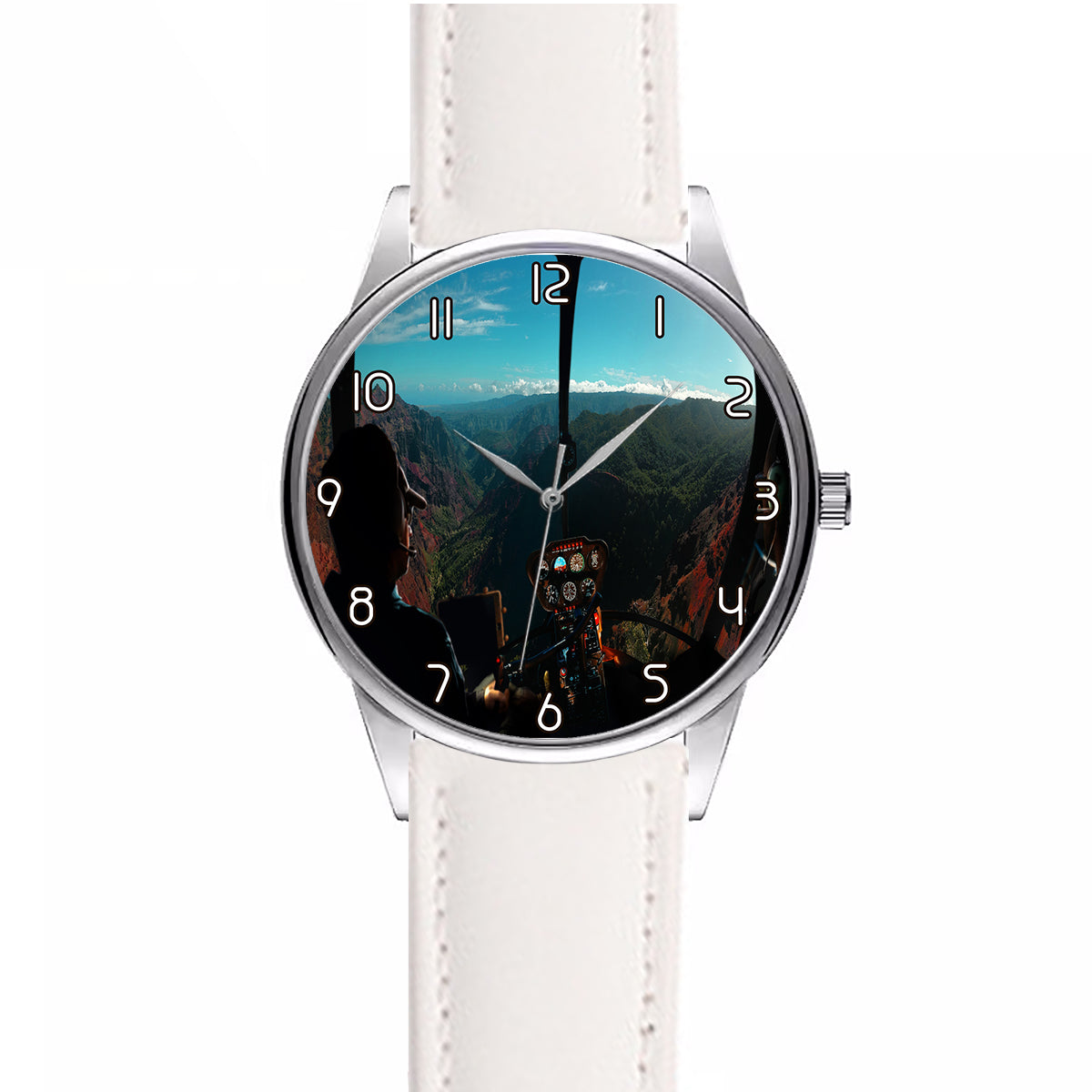 Beautiful Scenary Through Helicopter Cockpit Designed Fashion Leather Strap Watches