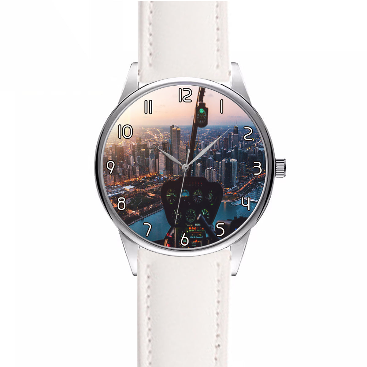 Amazing City View from Helicopter Cockpit Designed Fashion Leather Strap Watches