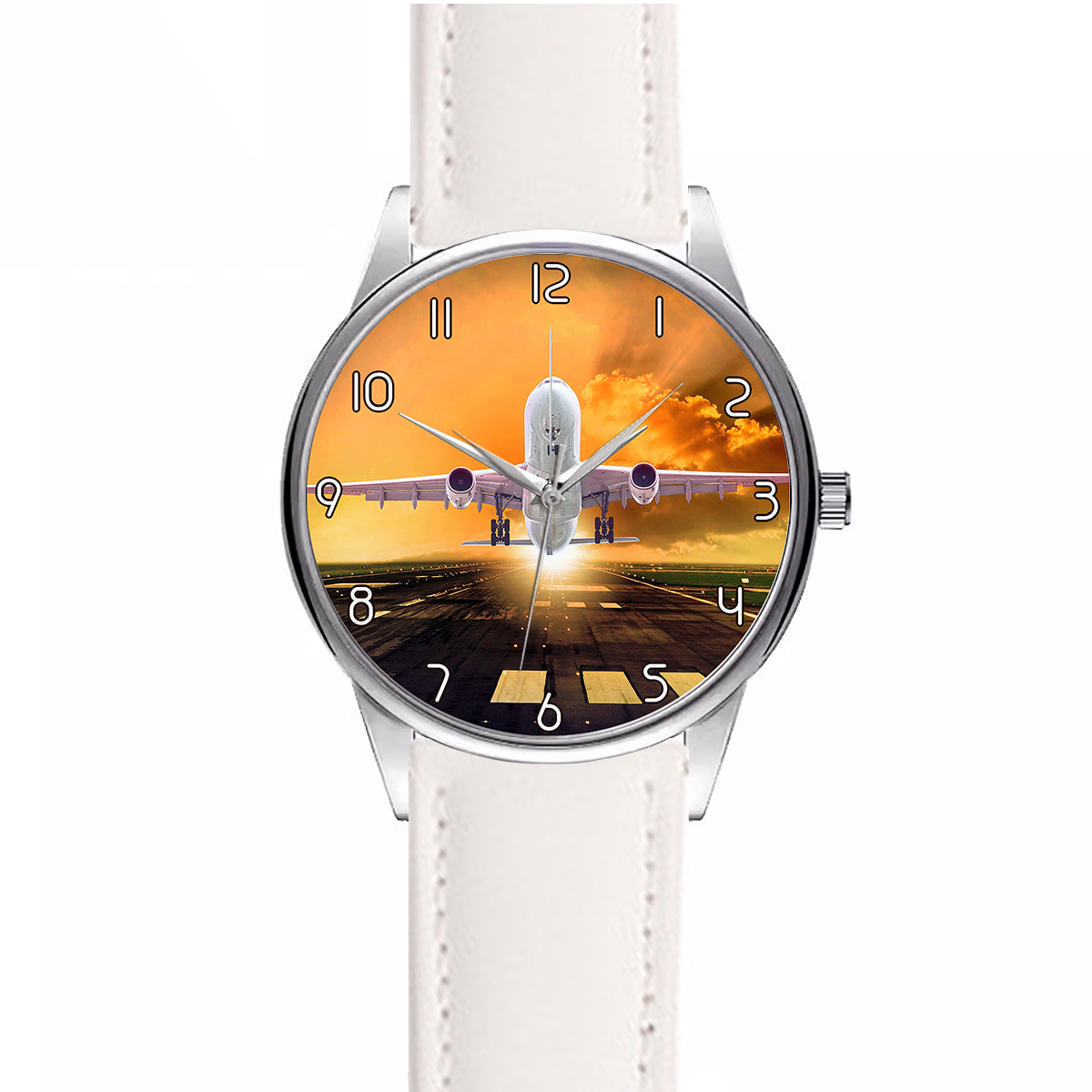 Amazing Departing Aircraft Sunset & Clouds Behind Designed Fashion Leather Strap Watches