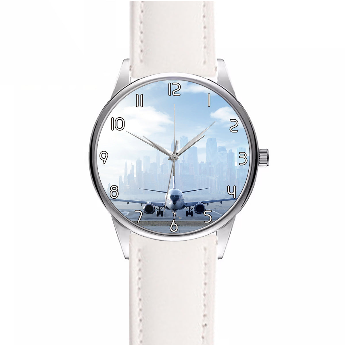 Boeing 737 & City View Behind Designed Fashion Leather Strap Watches