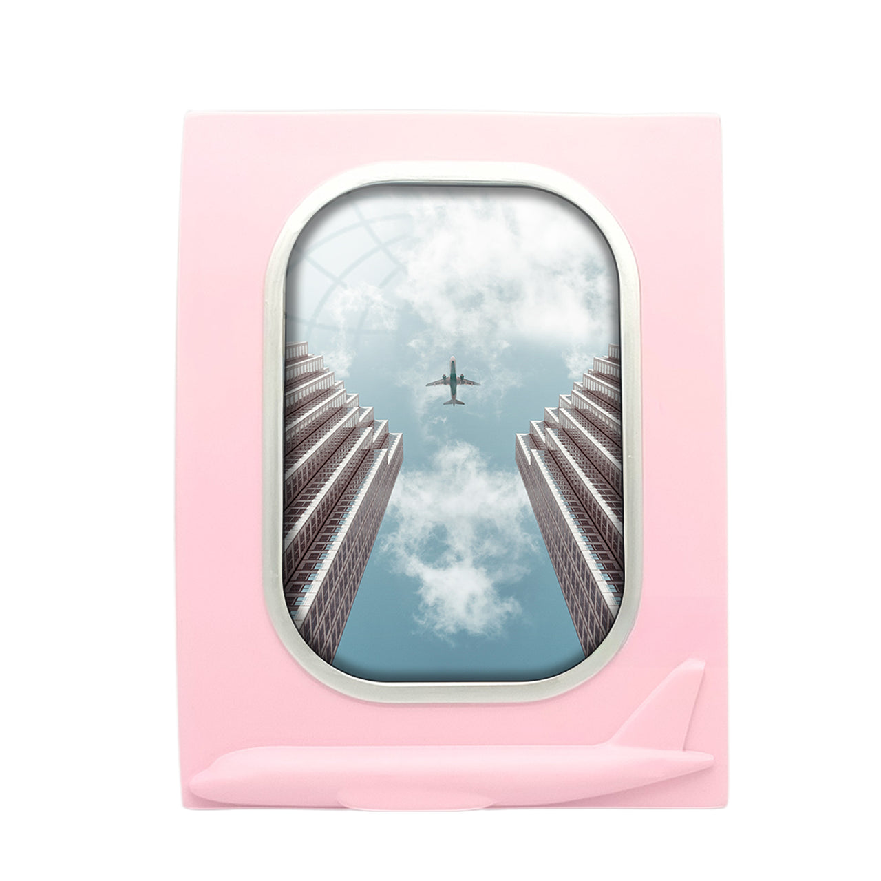 Airplane Flying over Big Buildings Designed Airplane Window Photo Frame