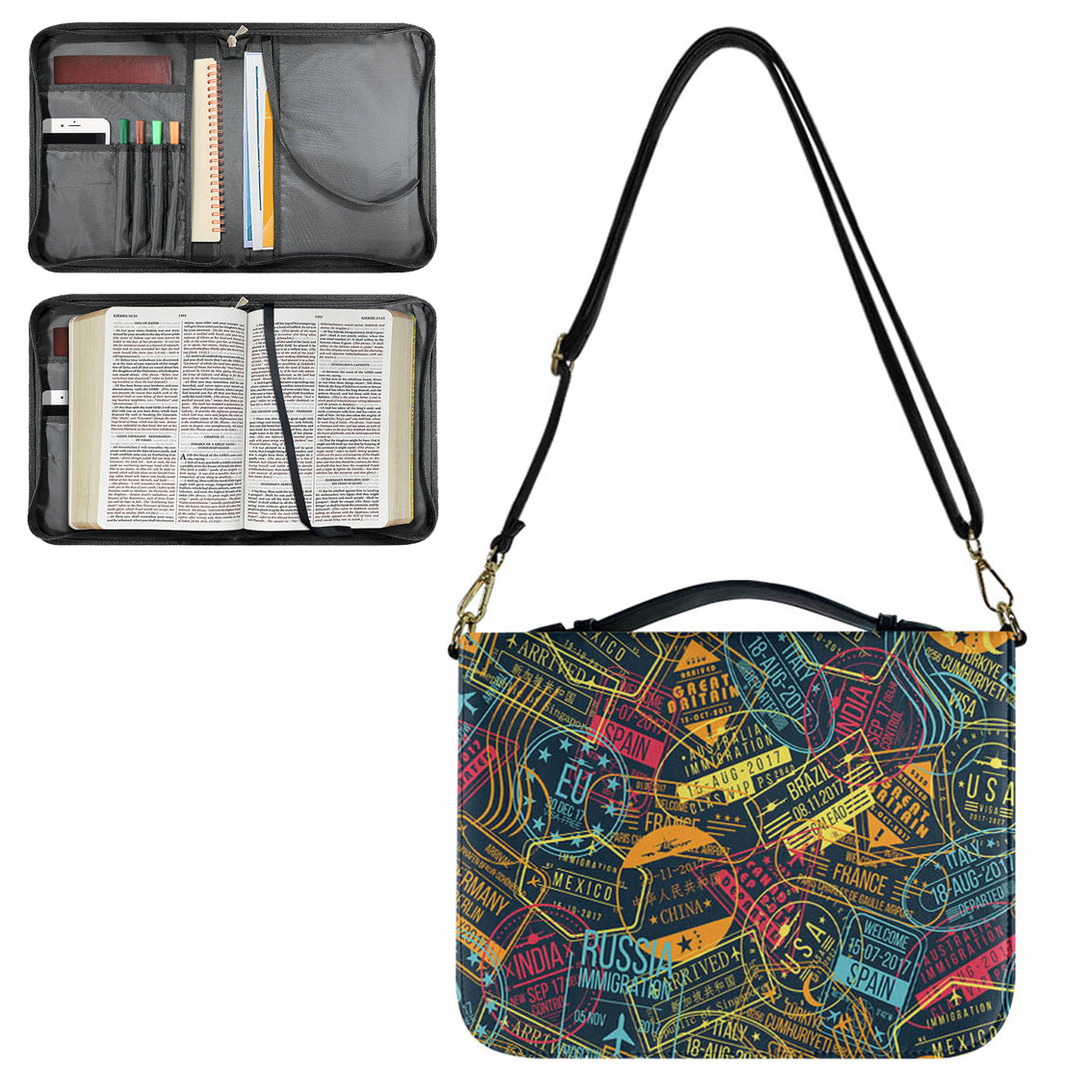 Dark Coloured Passport Stamps Designed PU Accessories Bags Strap Style