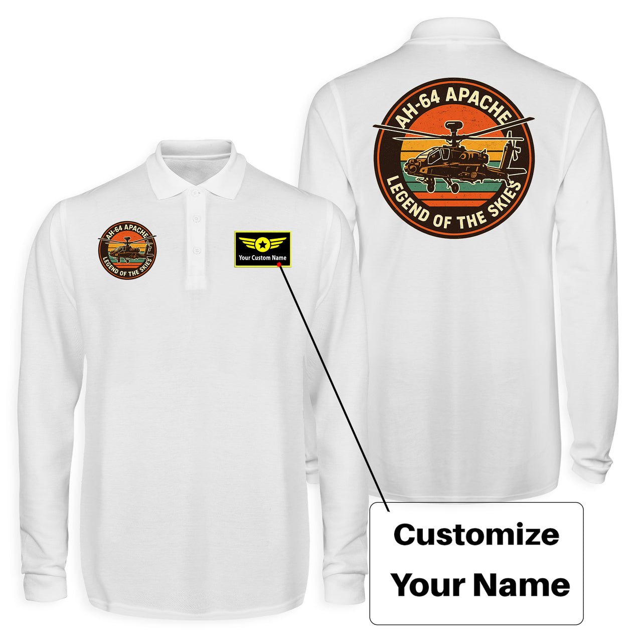 Retro Apache AH-64 Designed Long Sleeve Polo T-Shirts (Double-Side)