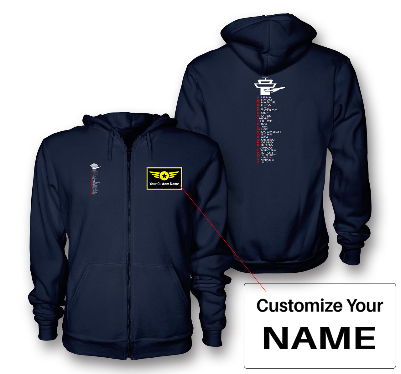 Aviation Alphabet Designed Zipped Hoodies