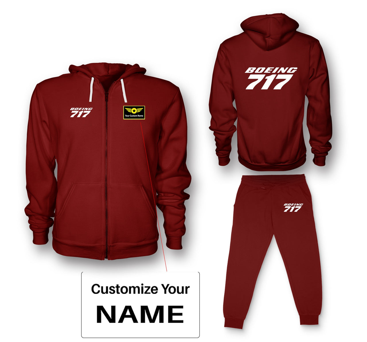 Boeing 717 & Text Designed Zipped Hoodies & Sweatpants Set