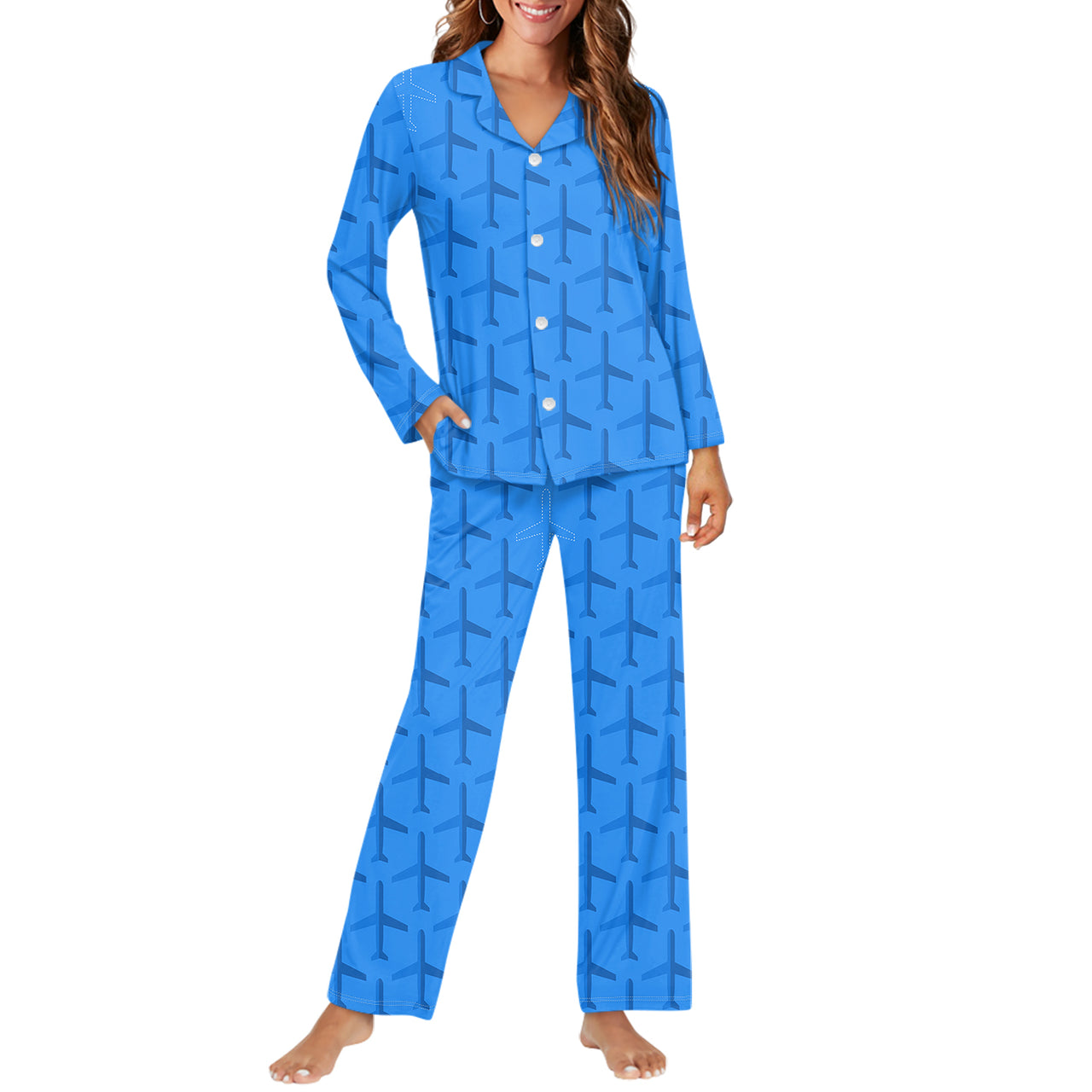 Blue Seamless Airplanes Designed Women Button Pajamas