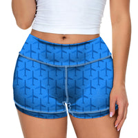 Thumbnail for Blue Seamless Airplanes Designed Women Yoga Shorts Pants