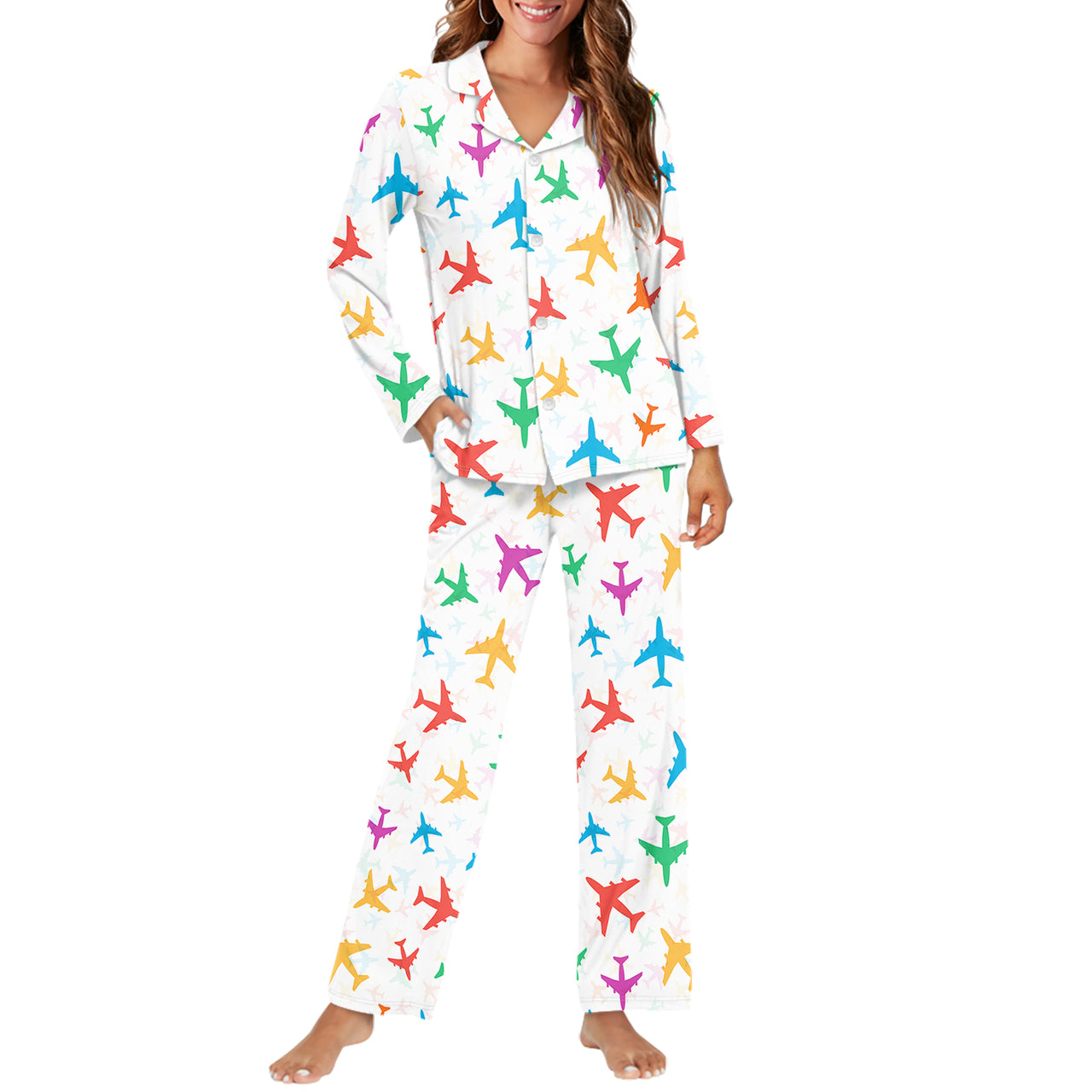 Cheerful Seamless Airplanes Designed Women Button Pajamas