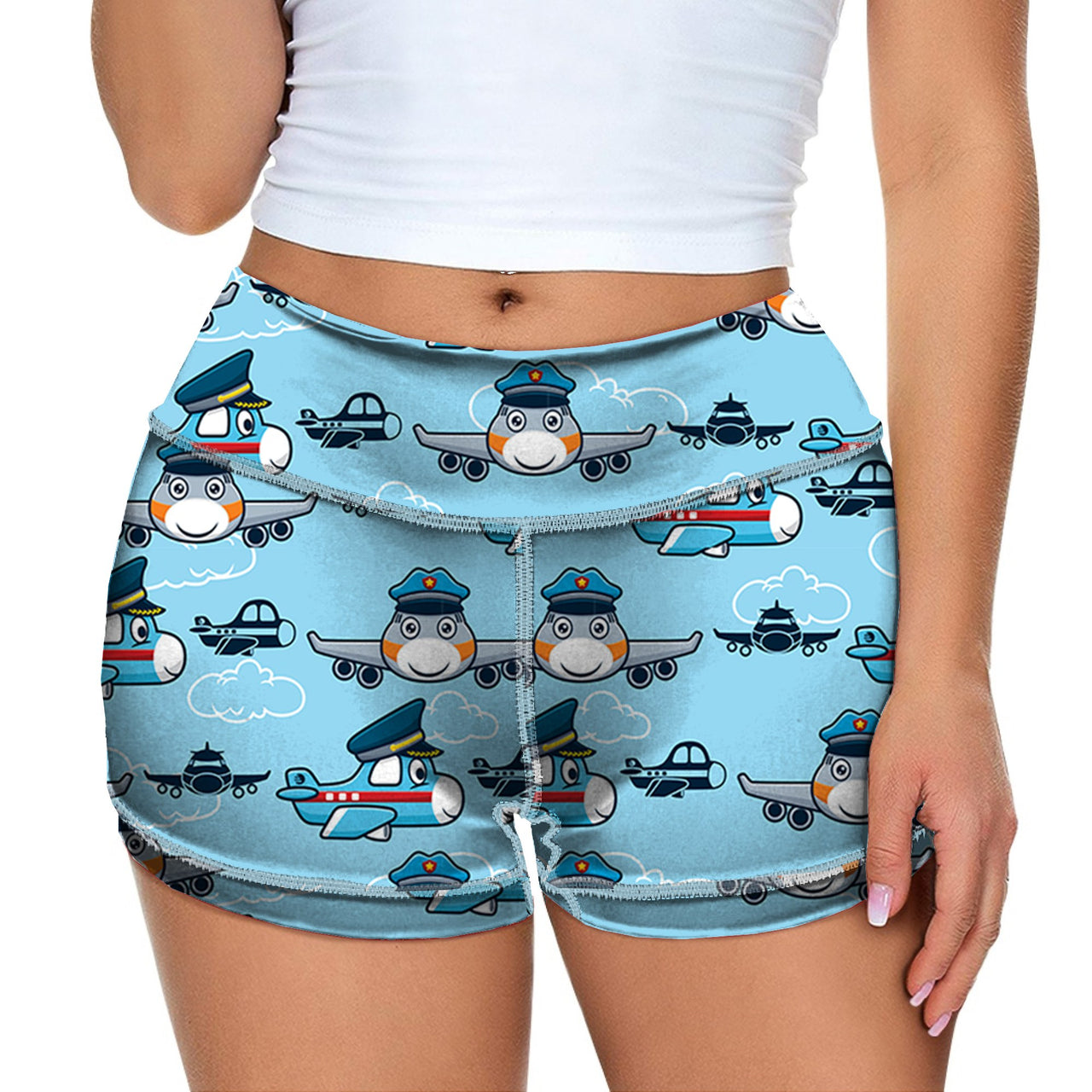Cartoon & Funny Airplanes Designed Women Yoga Shorts Pants