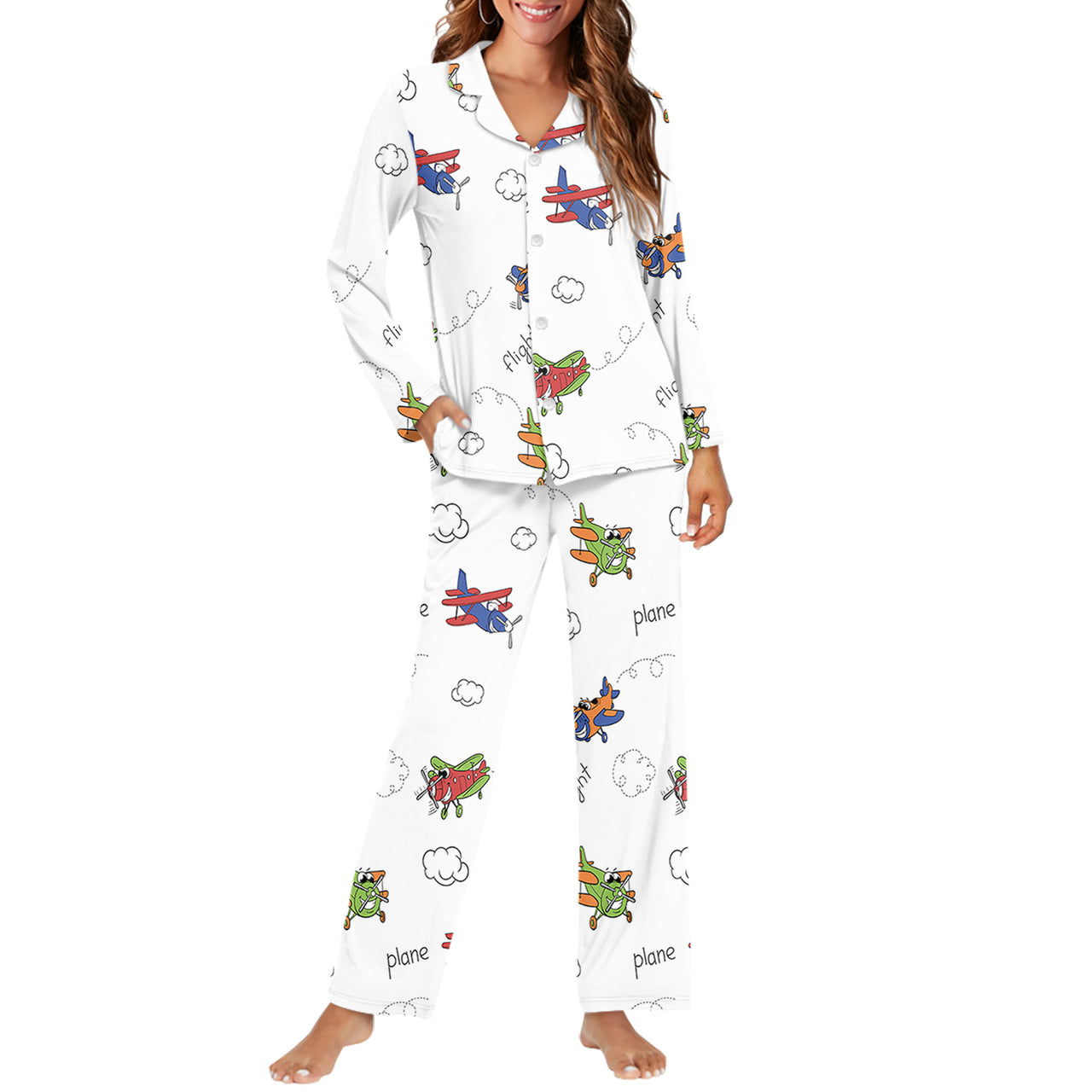 Colorful Cartoon Planes Designed Women Button Pajamas