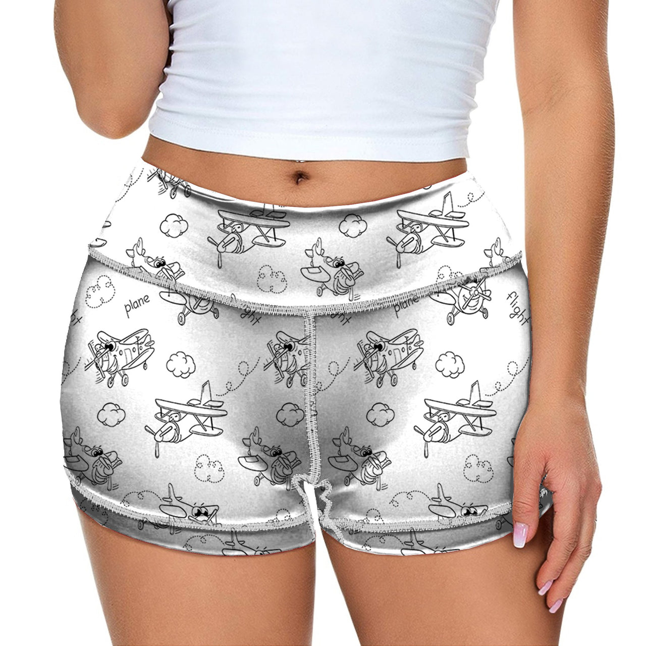 Cartoon Planes Designed Women Yoga Shorts Pants
