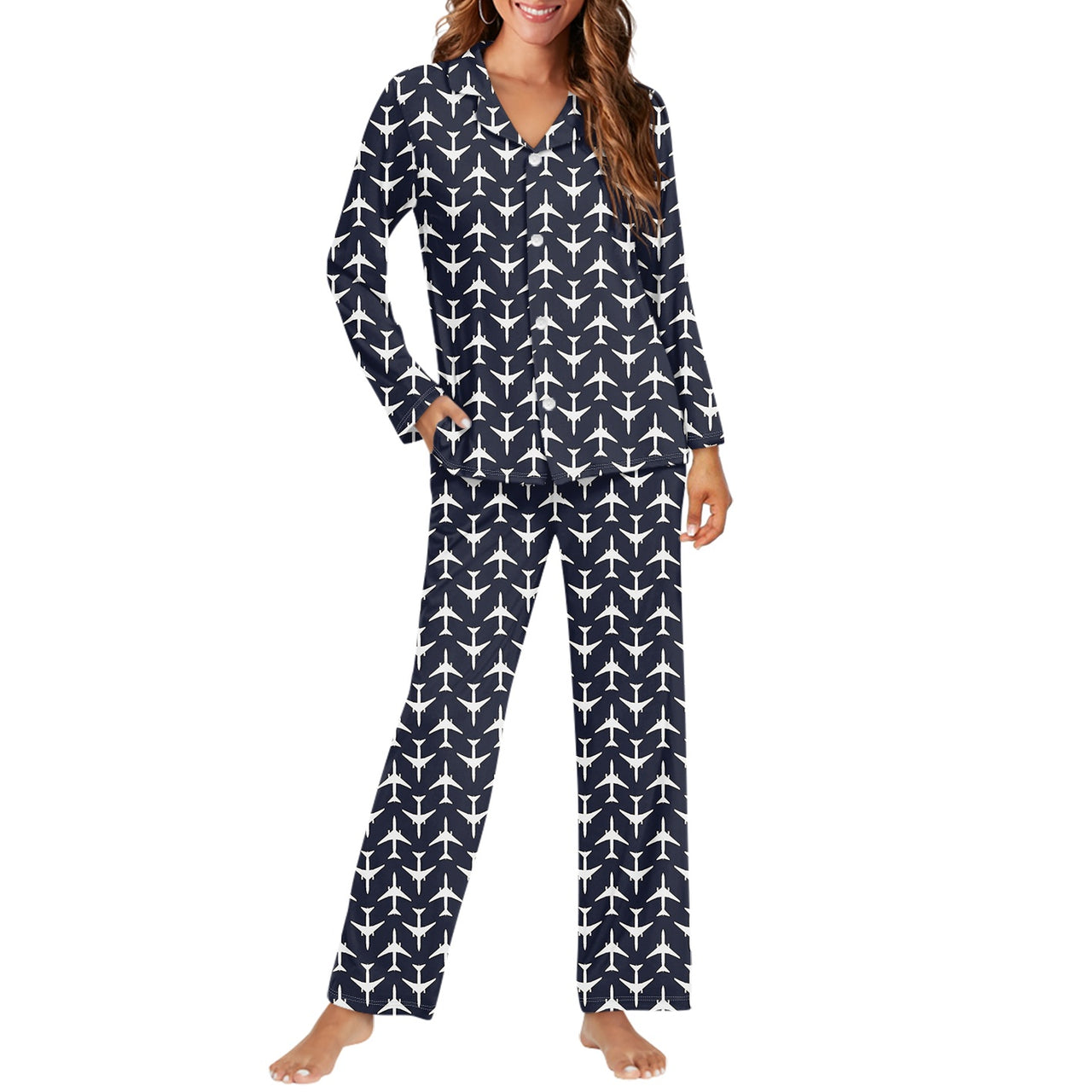 Perfectly Sized Seamless Airplanes Dark Blue Designed Women Button Pajamas