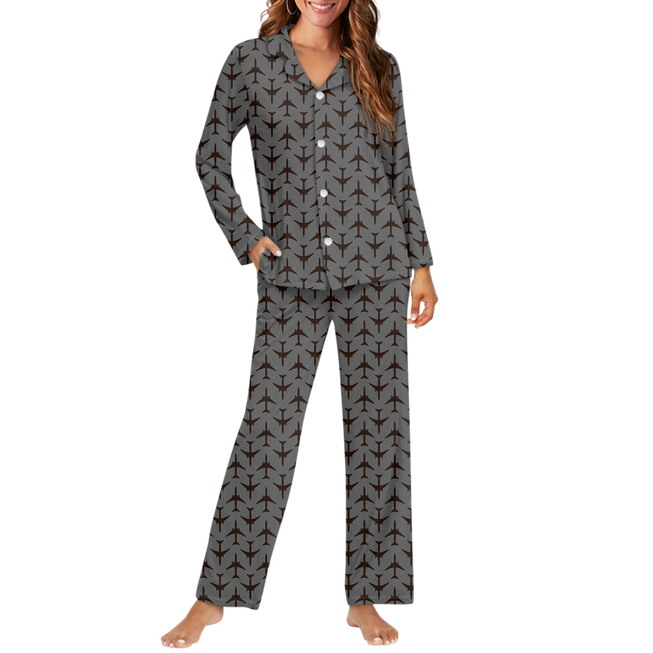 Perfectly Sized Seamless Airplanes Gray Designed Women Button Pajamas