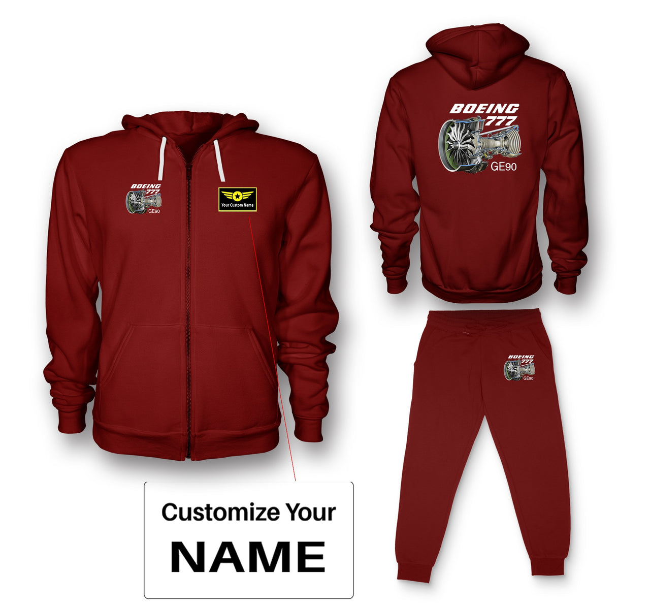 Boeing 777 & GE90 Engine Designed Zipped Hoodies & Sweatpants Set
