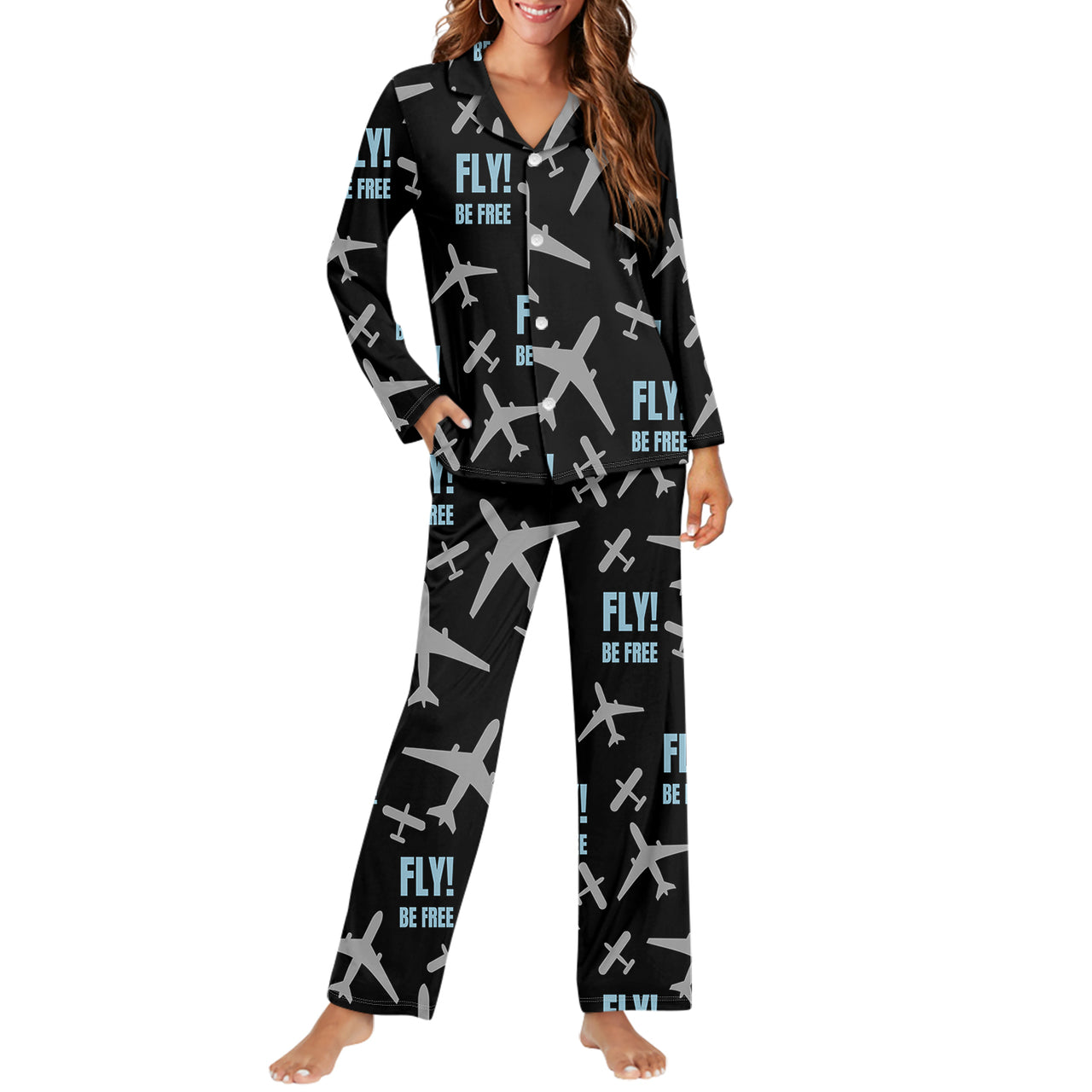Fly Be Free Black Designed Women Button Pajamas