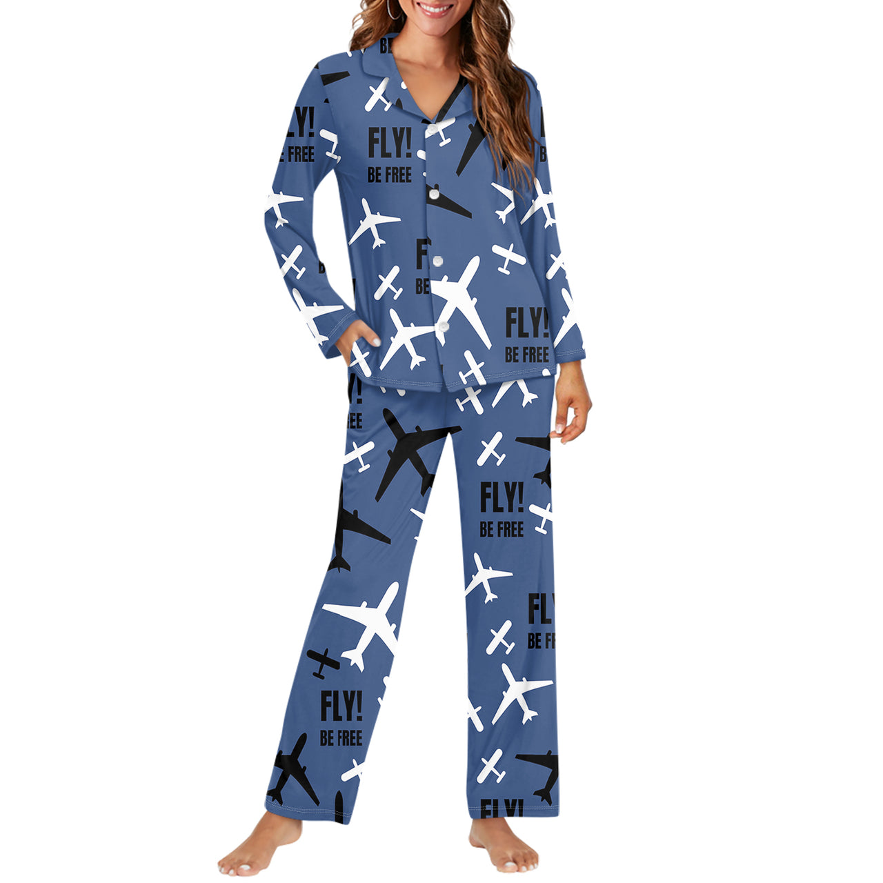 Fly Be Free Blue Designed Women Button Pajamas