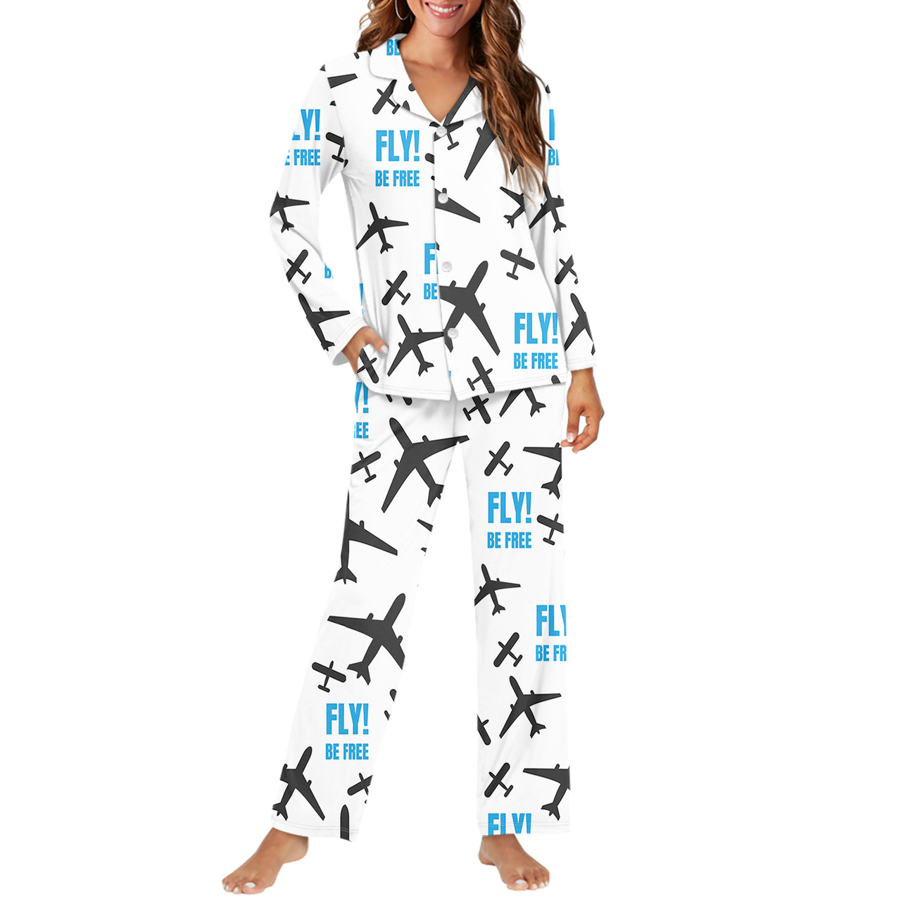 Fly Be Free White Designed Women Button Pajamas