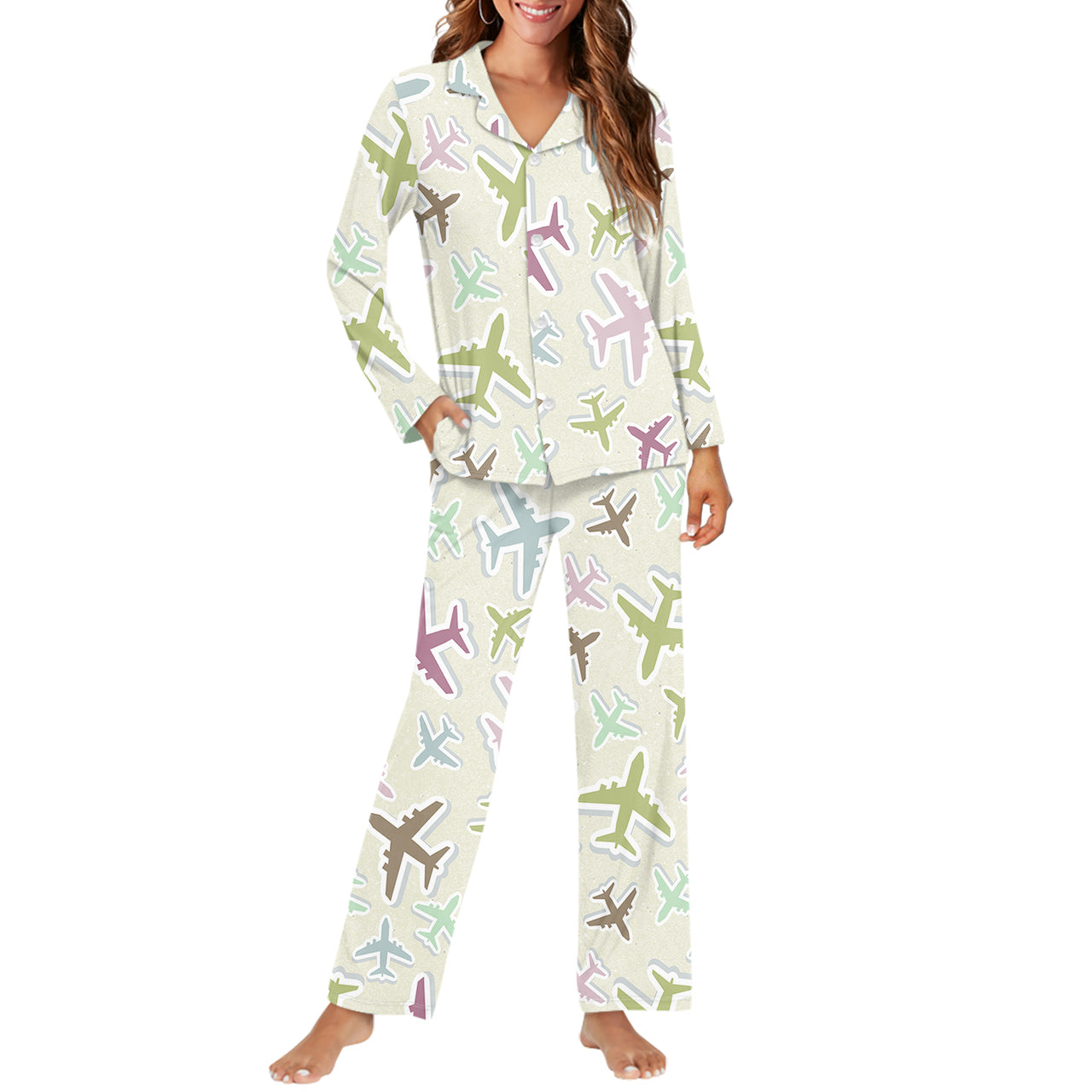 Seamless 3D Airplanes Designed Women Button Pajamas