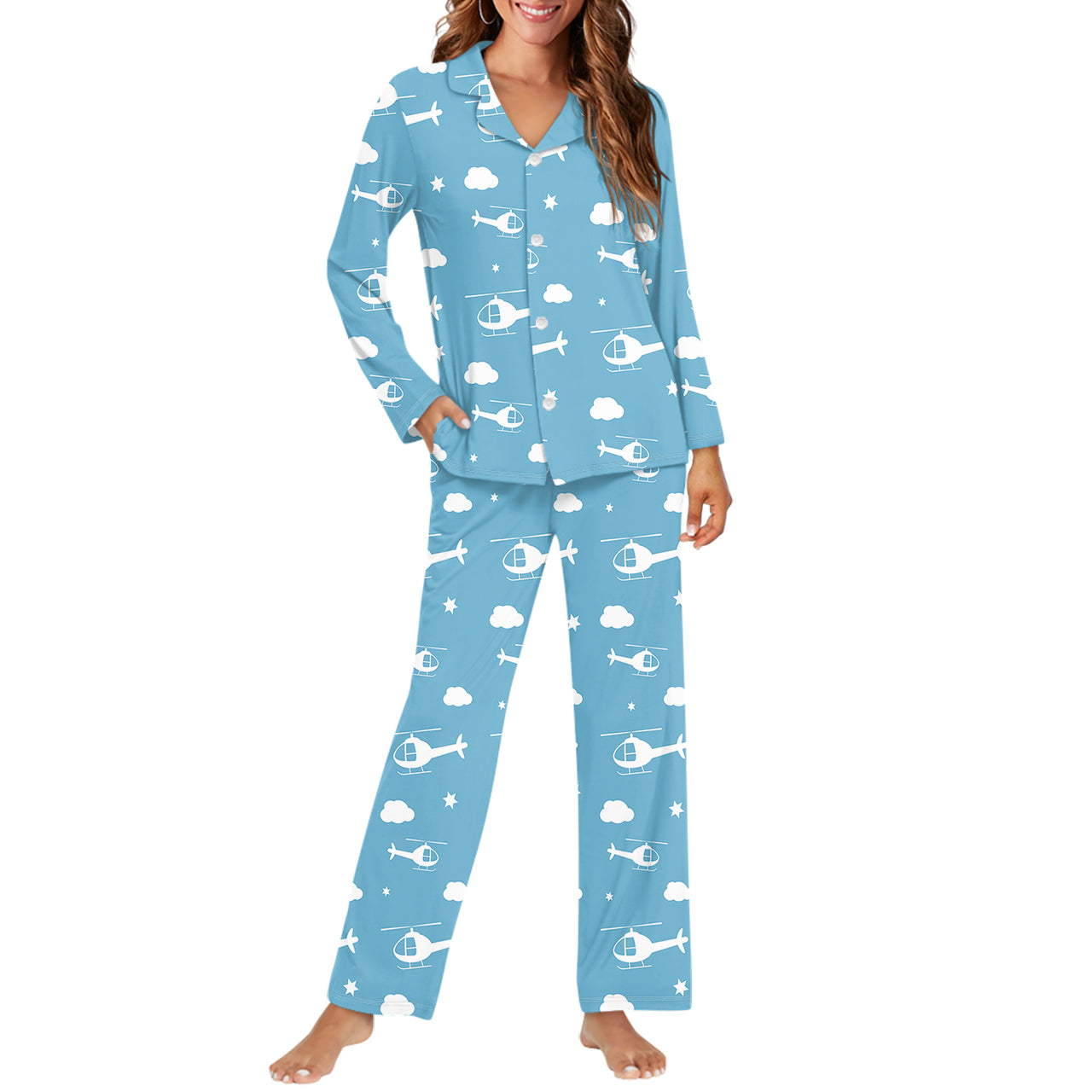 Helicopters & Clouds Designed Women Button Pajamas