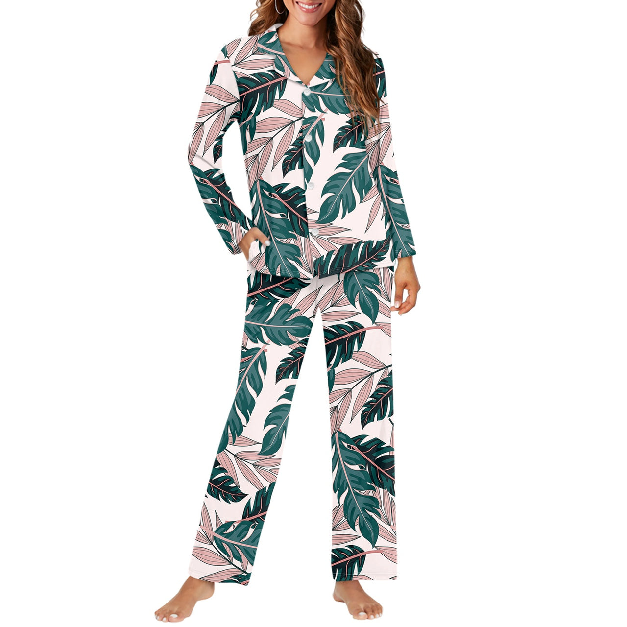 Seamless Palm Leafs Designed Women Button Pajamas
