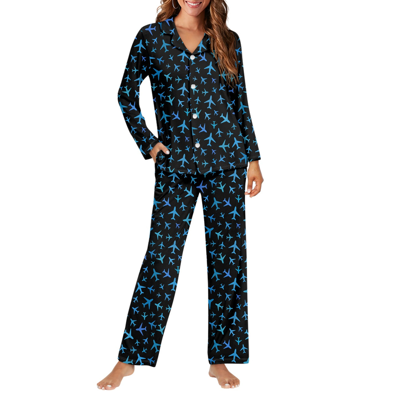 Many Airplanes Black Designed Women Button Pajamas