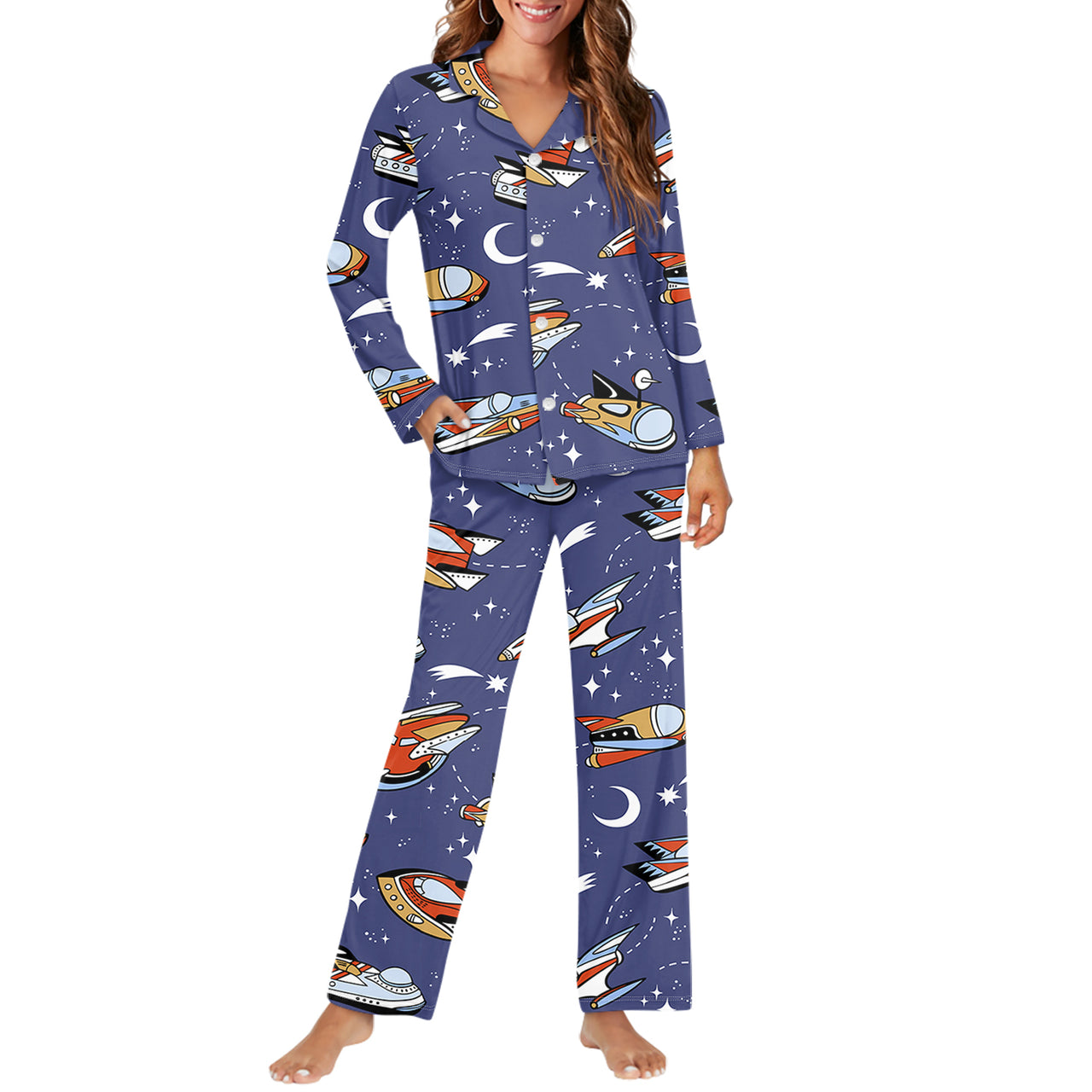 Spaceship & Stars Designed Women Button Pajamas