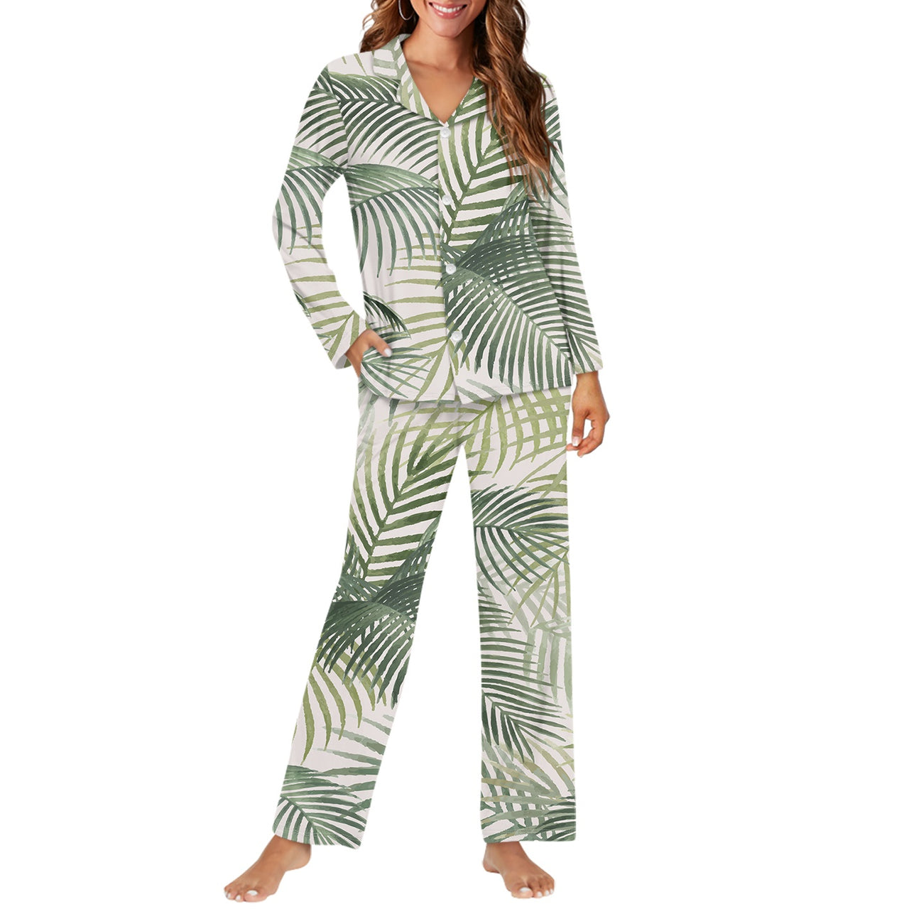 Palm Leaf & Summer Designed Women Button Pajamas