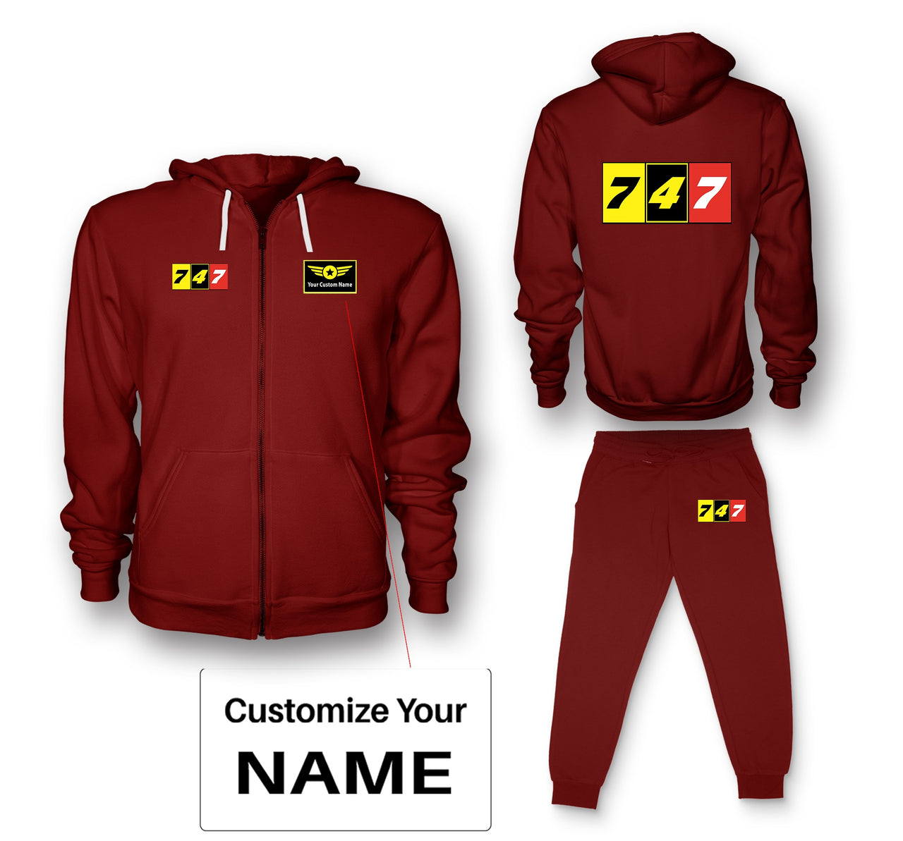 Flat Colourful 747 Designed Zipped Hoodies & Sweatpants Set