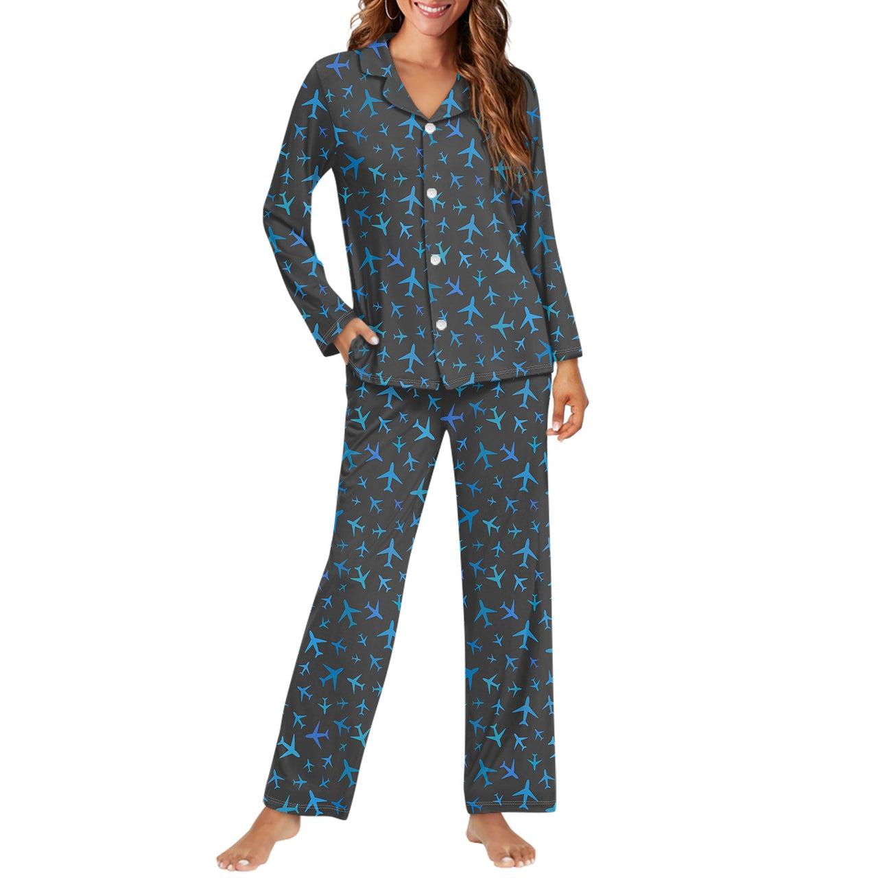 Many Airplanes Gray Designed Women Button Pajamas