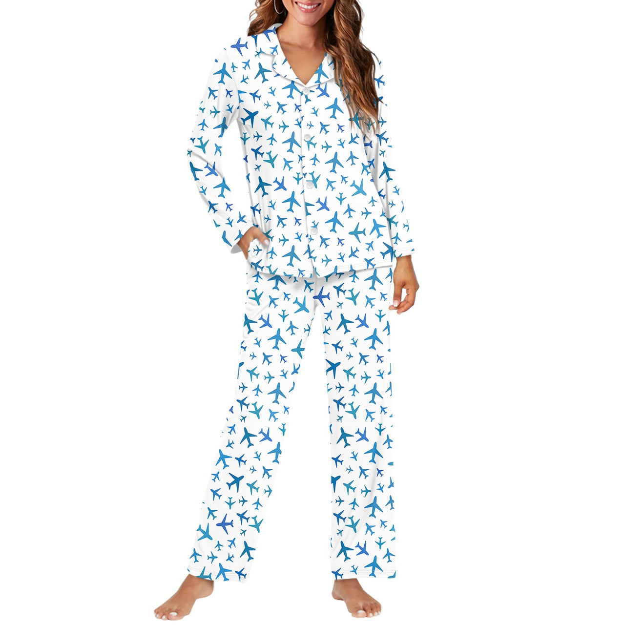 Many Airplanes White Designed Women Button Pajamas