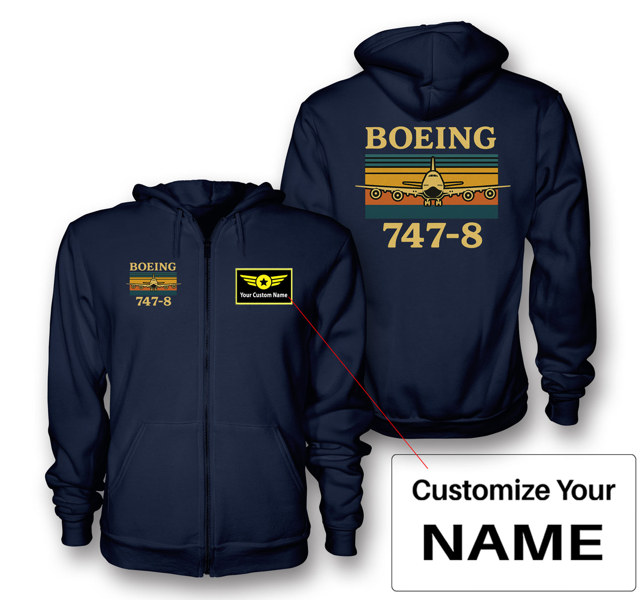 Retro Boeign 747-8 Designed Zipped Hoodies