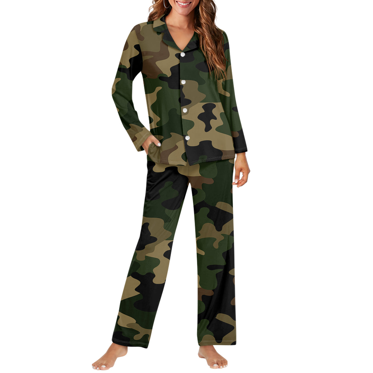 Military Camouflage Army Green Designed Women Button Pajamas