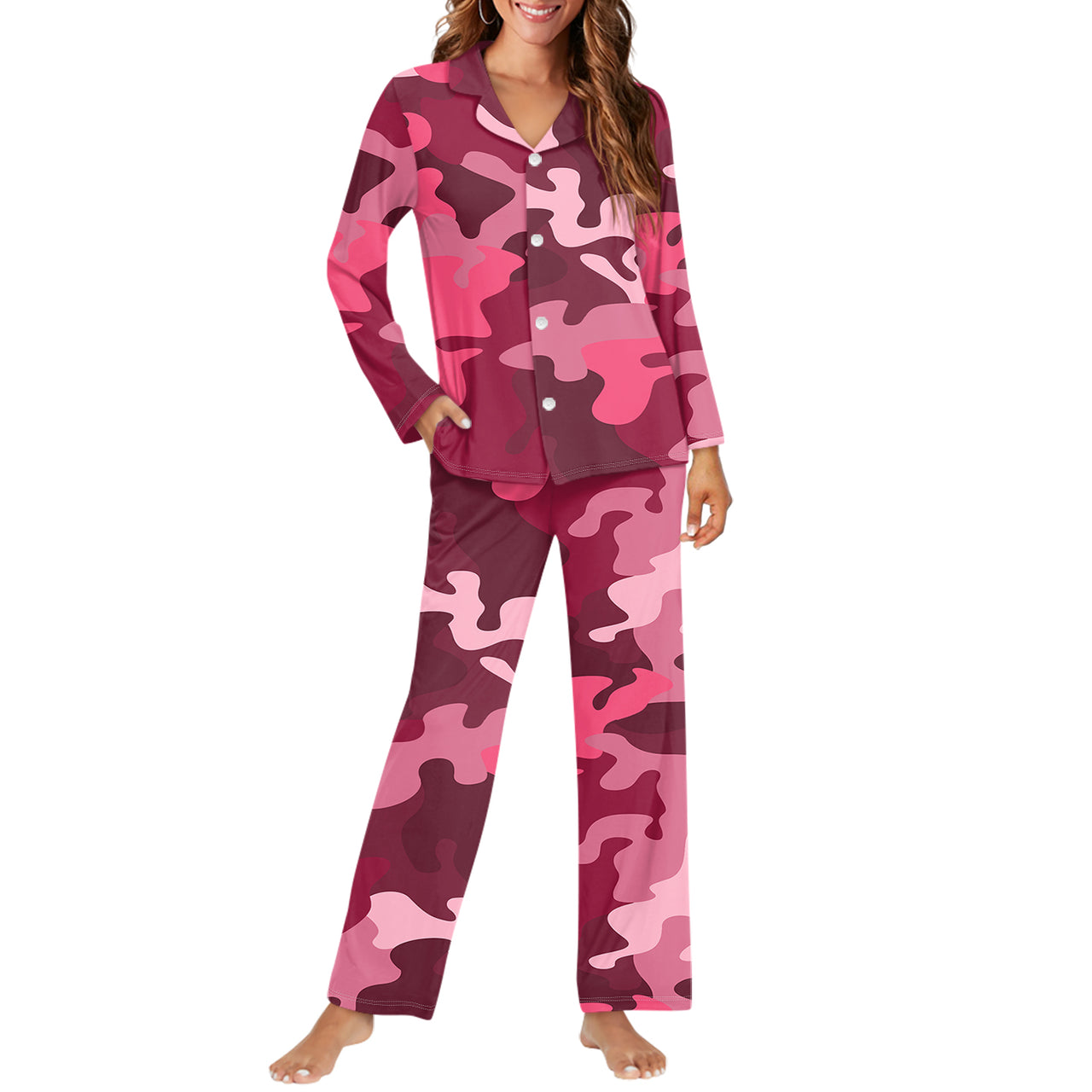 Military Camouflage Red Designed Women Button Pajamas