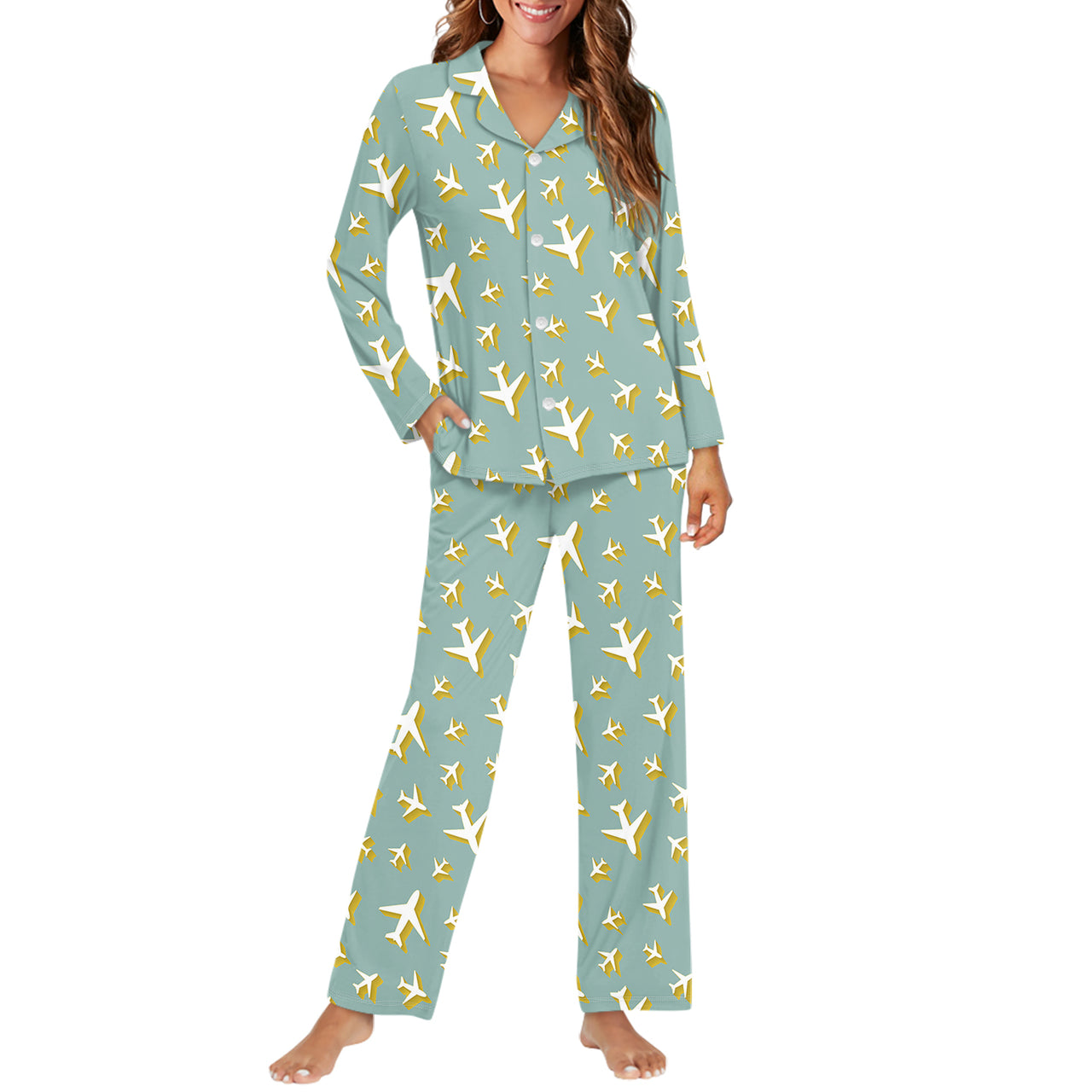 Mixed Size Airplanes Designed Women Button Pajamas
