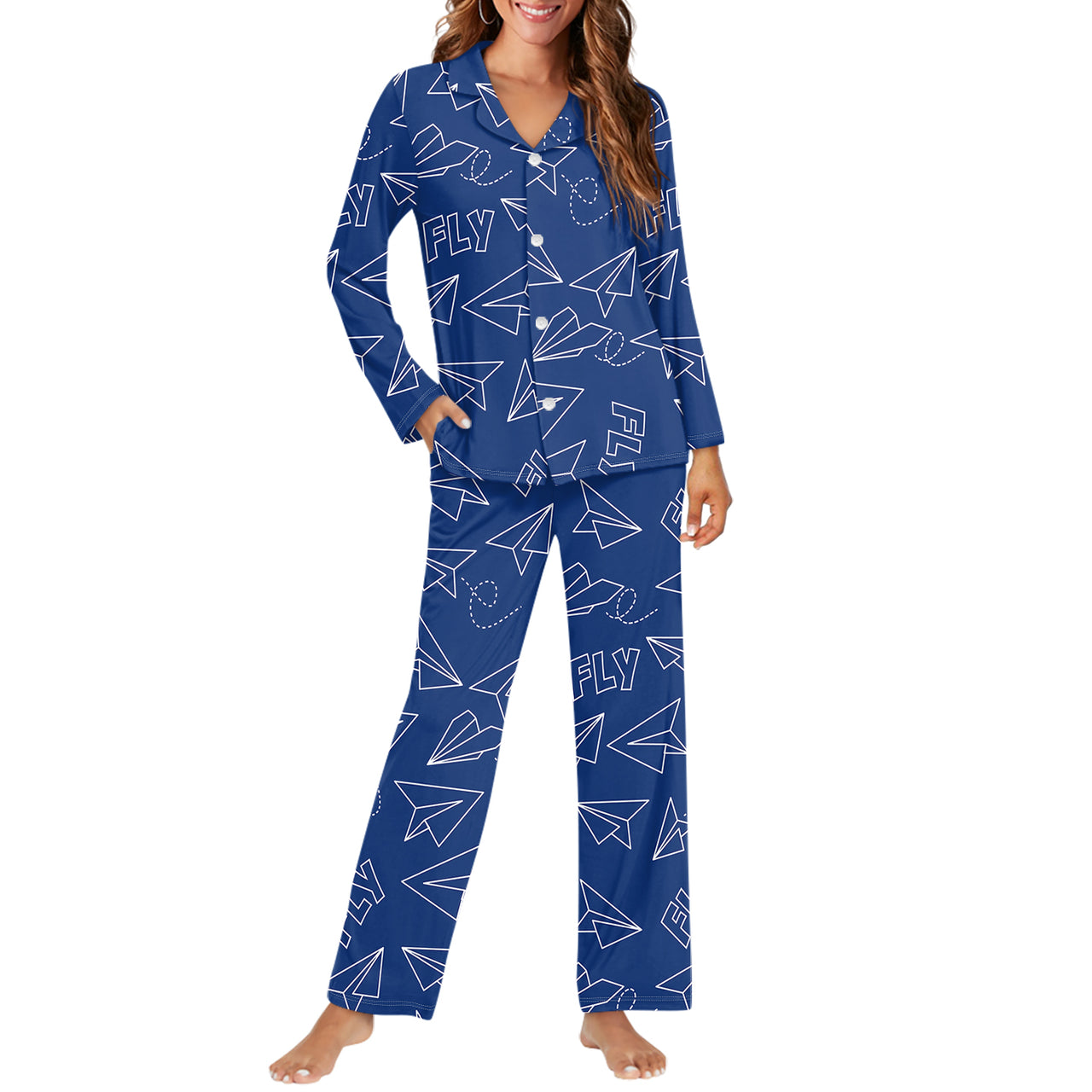 Paper Airplane & Fly (Blue) Designed Women Button Pajamas