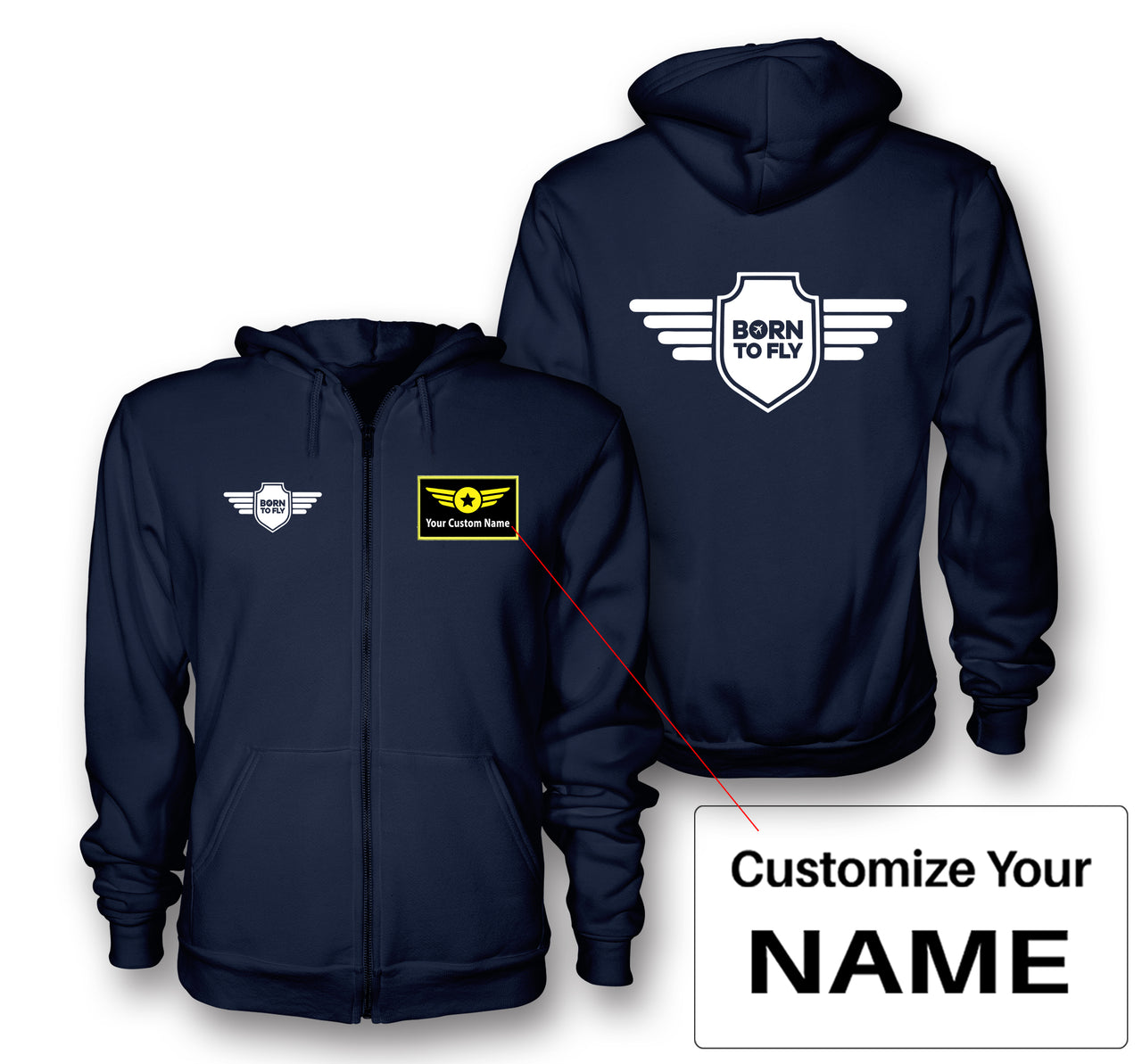 Born To Fly & Badge Designed Zipped Hoodies