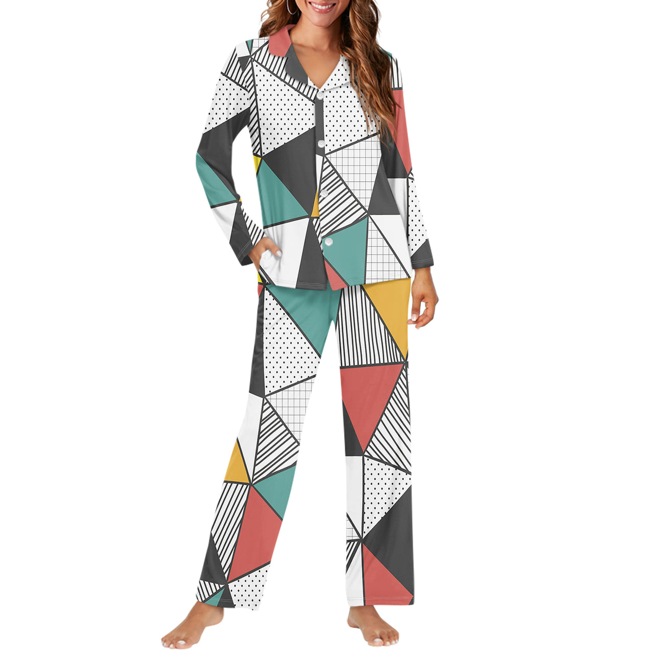 Mixed Triangles Designed Women Button Pajamas